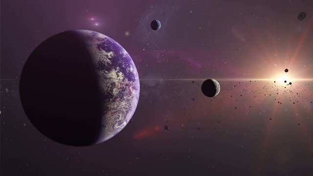 Distant Alien Planet. Alien Exoplanet With Two Moons and Sun. Foundation, The Expanse, Star wars, Dune, Star Trek