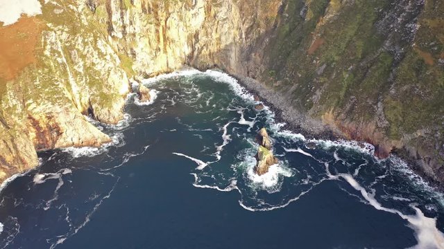 Aerial of Slieve League Cliffs are among the highest sea cliffs in Europe rising 1972 feet or 601 meters above the Atlantic Ocean - County Donegal, Ireland