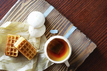 Viennese waffles with filling. Coffee table. A set of fragrant cookies for breakfast for the holiday.