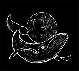 Black and white drawing of a whale and a moon. Dotwork style. © Aleksandra