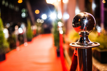 Long red carpet between rope barriers on entrance.