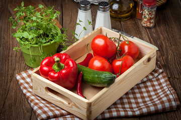 Vegetables in a wooden box.