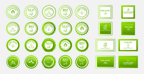 Set of eco green icons. Natural ecological label. Ecology Bio sticker design. Organic Logo Template