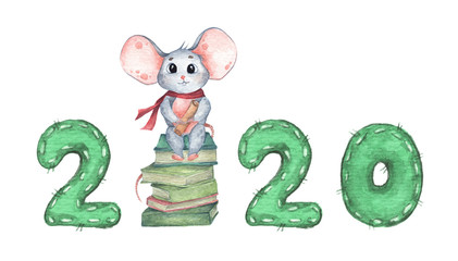 Happy New Year 2020 with little mouse sitting on a stack of books. Isolated on white background. Year of the Rat. Chinese zodiac symbol of 2020. Watercolor illustration.