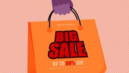 hand holding the big shopping bag and show "big sale up to 80% end of year special offer" word on it. vector illustration eps10