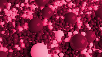 beautiful shiny red white balls of different colors and sizes completely cover the surface. Some spheres glow. 3d photorealistic render geometric reative holiday background of shiny balls
