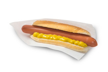 Bread and sausage with sauce. White background. Fast food. Hot-dog.