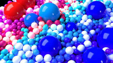 beautiful shiny balls of different colors and sizes completely cover the surface. Some spheres glow. 3d photorealistic render geometric reative holiday background of shiny balls. Multicolored