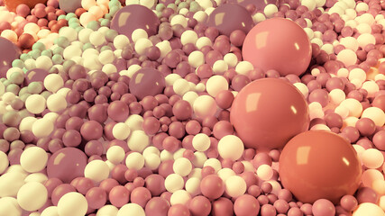 beautiful shiny balls of different colors and sizes completely cover the surface. Some spheres glow. 3d photorealistic render geometric reative holiday background of shiny balls. Multicolored