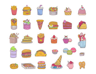 Big fast food set with fries,burger,pizza,kebab,sandwiches, salad,taco,desserts etc.