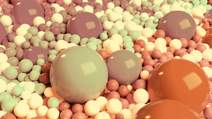 beautiful shiny balls of different colors and sizes completely cover the surface. Some spheres glow. 3d photorealistic render geometric reative holiday background of shiny balls. Multicolored