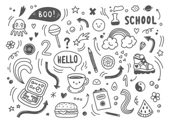 Set of hand drawn doodle elements,arrows,stars,symbols,office or school objects and stationery.Funny black and white doodle background.