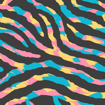 Seamless bright pink and yellow and blue zebra pattern 80s 90s style.Fashionable colorful exotic animal print.