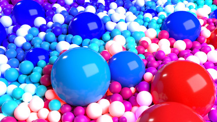 beautiful shiny balls of different colors and sizes completely cover the surface. Some spheres glow. 3d photorealistic render geometric reative holiday background of shiny balls. Multicolored