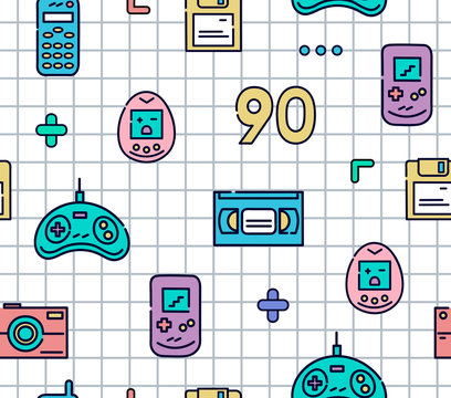 90s Gadgets Colorful Flat Line Icons.Seamless Pattern With Joystick,videotape,cell Phone, Electronic Games And Other.