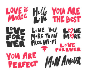 Love, magic, forever, perfect, amour, wi fi, more, heart, hello, best. Vector hand drawn illustration collection set with cartoon lettering. 