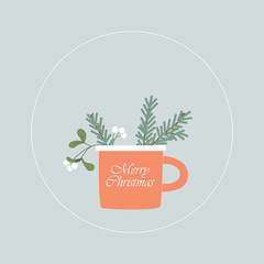   Christmas mug. Cup of happy christmas with christmas tree branches and mistletoe. New Year illustration. Winter tea.