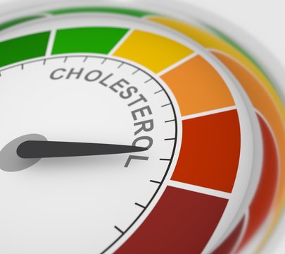 Cholesterol meter read high level result. Color scale with arrow from red to green. The measuring device icon. Colorful infographic gauge element. 3D rendering