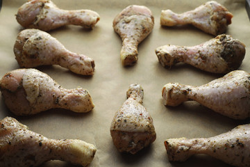 Baked chicken in the oven. Turkey legs on a baking sheet with spices baked in the oven. Snack on Thanksgiving Day.