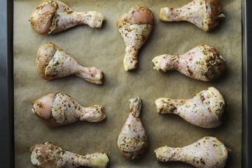 Baked chicken in the oven. Turkey legs on a baking sheet with spices baked in the oven. Snack on Thanksgiving Day.