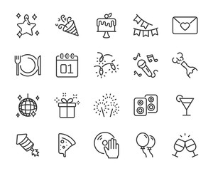 set of celebration icons, party, happy new year, birthday