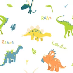  Platte cartoon stijl dinosaurus naadloze patroon. Het beste voor kindermode, kinderkamerdecoratie, dino-feestontwerpen voor kinderen. © 4eka