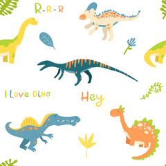 Flat cartoon style dinosaur seamless pattern. Best for kids fashion, children room decoration, kids dino party designs.