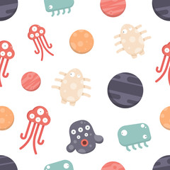Cute monsters and planet seamless pattern. Flat design style vector. Monster pattern background. Vector illustration. 