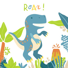 Flat cartoon style cute tyrannosaur dinosaur. Vector illustration for card or poster, children room decoration, kids dino party designs, kids fashion. Lettering Roar