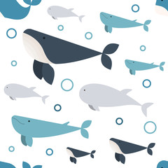 Whales seamless pattern. Seamless pattern with whales vector. Flat style vector illustration.