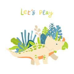 Flat cartoon style cute dinosaur with tropical leaves. Vector illustration for card or poster, children room decoration, kids dino party designs, kids fashion. Lettering