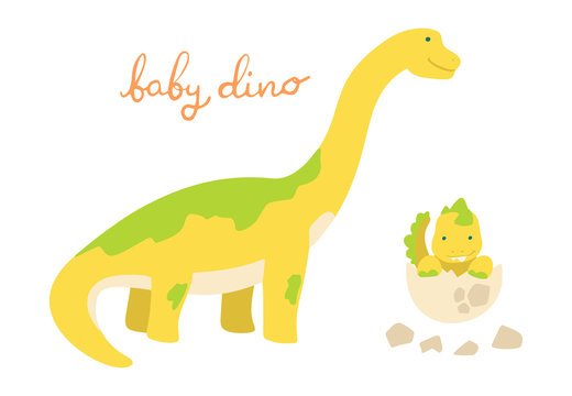 Flat cartoon style cute dinosaur with baby dino in the egg. Vector illustration for card or poster, children room decoration, kids dino party designs, kids fashion. Lettering Baby dino