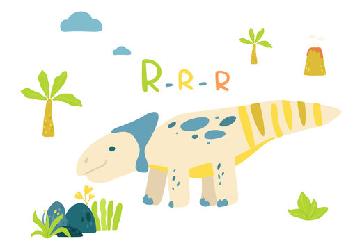 Flat cartoon style cute dinosaur. Vector illustration for card or poster, children room decoration, kids dino party designs, kids fashion. Lettering Rrrrr