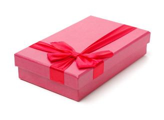 Red gift box with ribbon bow isolated on white background