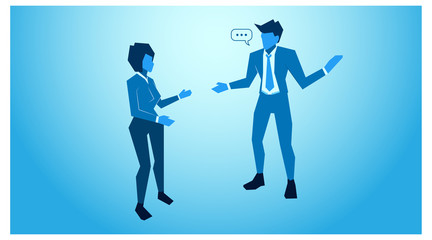 Plakat a man asks a woman, illustration of verbal communication. discussion of office work by workers. entrepreneurship
