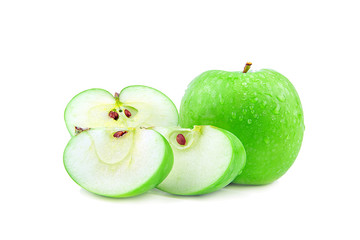 Green apple and half with drop of water is isolated on white background.