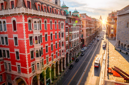 Aerial view of Genoa street in a beautiful summer day, Liguria, Italy