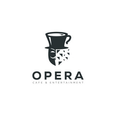logo opera cafe and entertainment, with the mask broke and hat mug vector