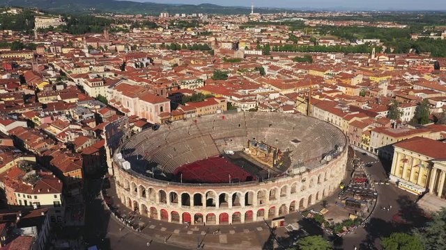 Flying on the historic center of Verona, Italy. Arena is a Roman amphitheatre in Piazza Bra, Italy