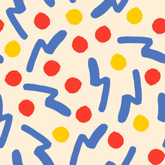 Hand painted seamless pattern with shapes in red, blue and yellow on vanilla background. - 301570355