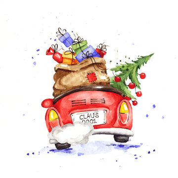 Santa hurries to bring gifts. Christmas card. Grandfather with a bag and a Christmas tree in a convertible car, watercolor illustration. 