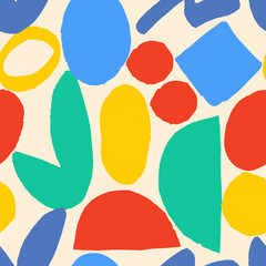Abstract seamless pattern with colorful shapes on vanilla background.