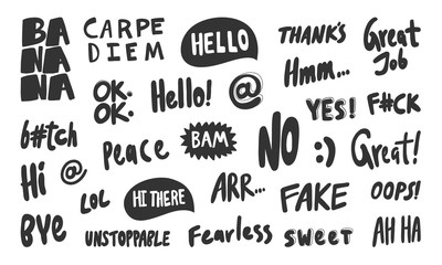 Banana, hello, no, fake, great, oops, hi, peace, thanks, bye, lol, sweet, ha ha, ok, yes. Vector hand drawn illustration collection set with cartoon lettering. 