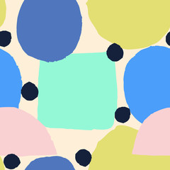 Hand painted seamless pattern with colorful shapes and black dots on cream background. - 301570945