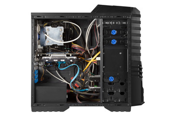 open system unit isolated, computer case with side panel detached, letting you see all the gaming...