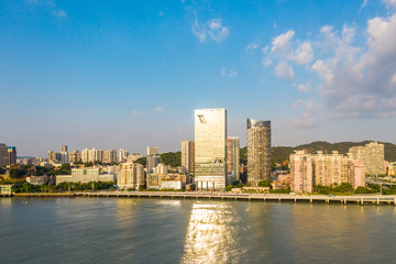 Fototapeta na wymiar Panorama view of the Conrad Xiamen, Twin Towers/xiamen World Trade in Straits , including the Conrad Xiamen hotel, overlooking the South China Sea in Xiamen (Amoy), China.