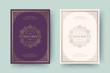Wedding invitation save the date card template golden flourishes ornaments vignette swirls