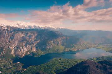 erial view of Bohinj lake in Julian Alps. Popular touristic destination in Slovenia.
