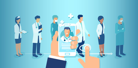 Vector of a patient using a healthcare app on his smartphone choosing a doctor and professional medical team