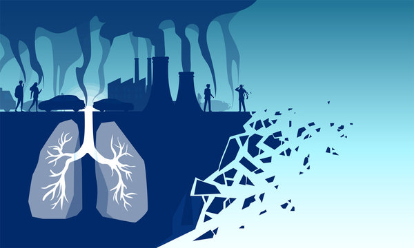 Vector of human lungs inhaling toxic pollutants, industrial toxins, cigarette smoke and car emissions
